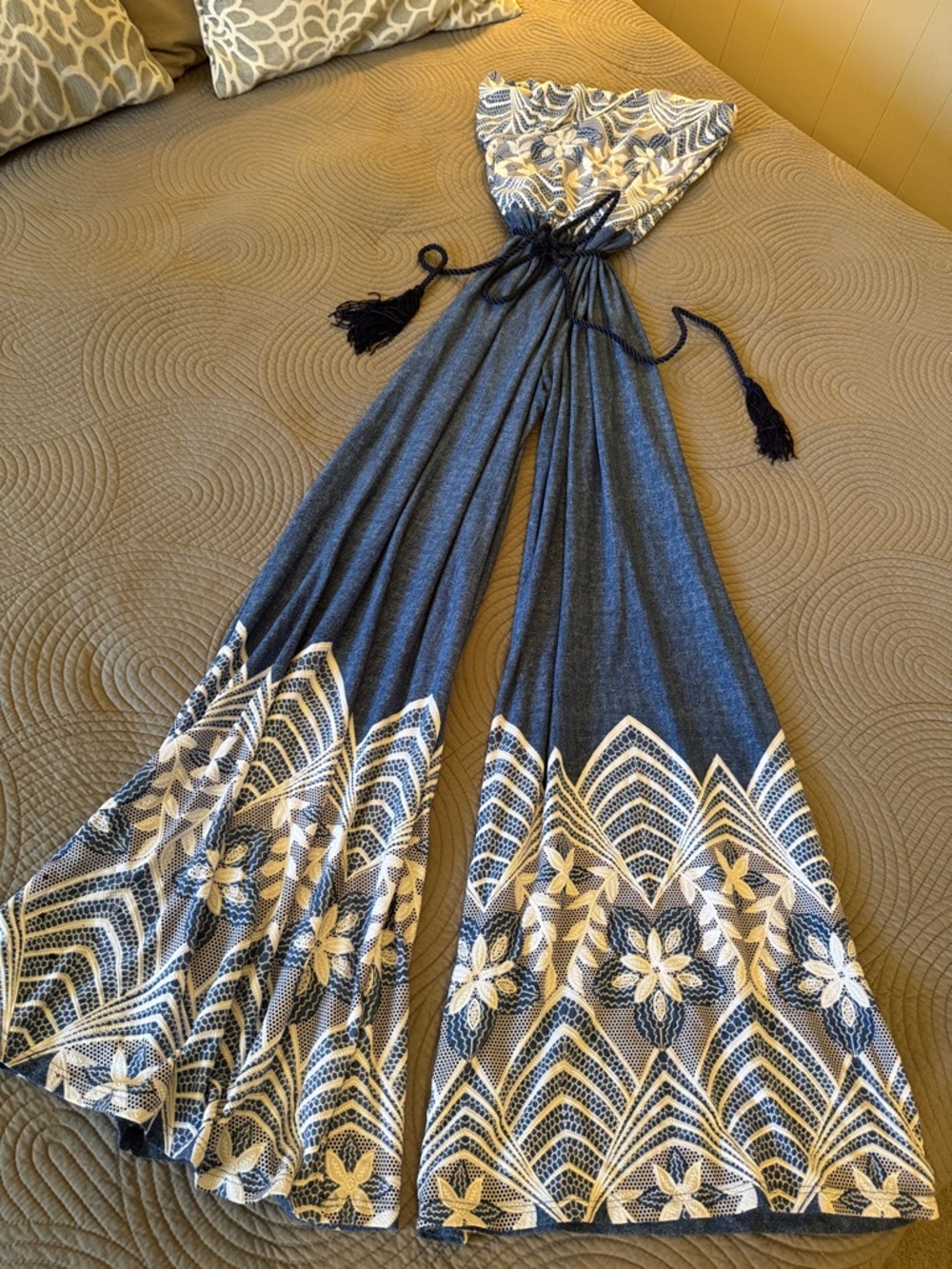 Blue & White Strapless Jumpsuit